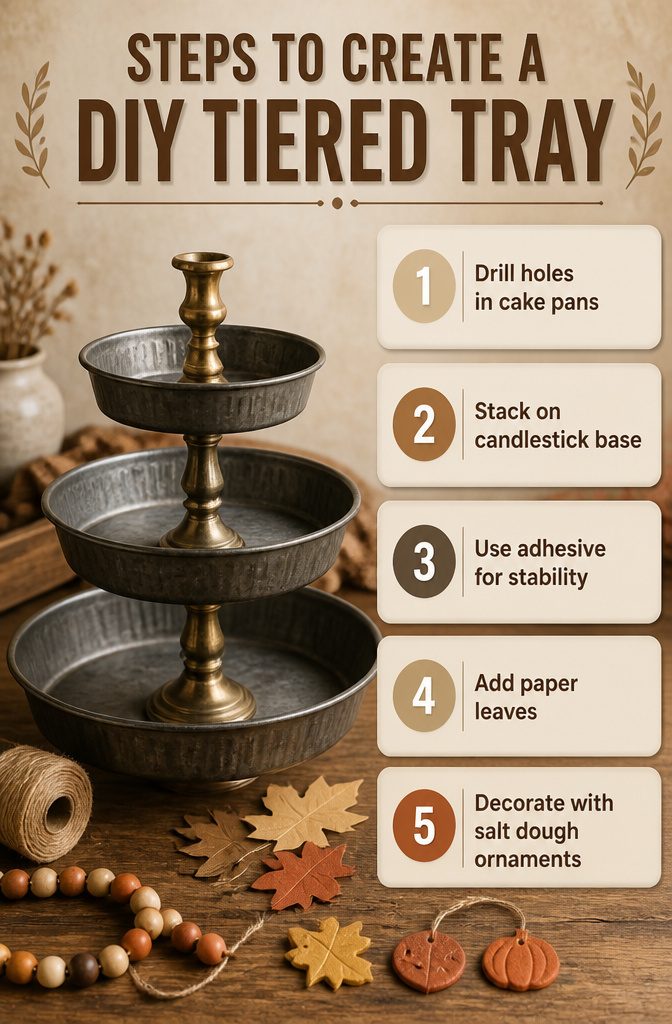 18 Fall Tray Decor Ideas for Coffee Tables, Tiered Trays & More 18 Homemade tiered tray constructed from cake pans and candlesticks.