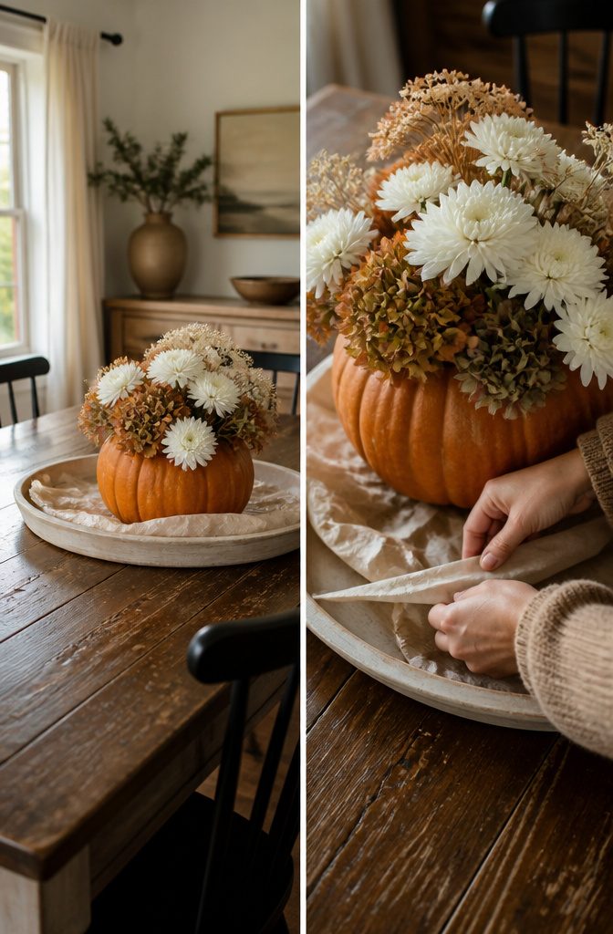 18 Fall Tray Decor Ideas for Coffee Tables, Tiered Trays & More 11 Pumpkin vase filled with flowers on a decorative tray.