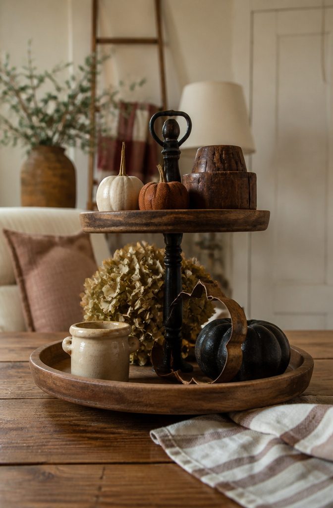 18 Fall Tray Decor Ideas for Coffee Tables, Tiered Trays & More 14 Vintage items arranged on a multi-tiered tray.
