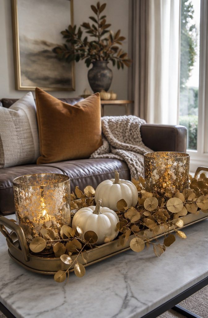18 Fall Tray Decor Ideas for Coffee Tables, Tiered Trays & More 6 Golden eucalyptus and white pumpkins on an elegant tray.