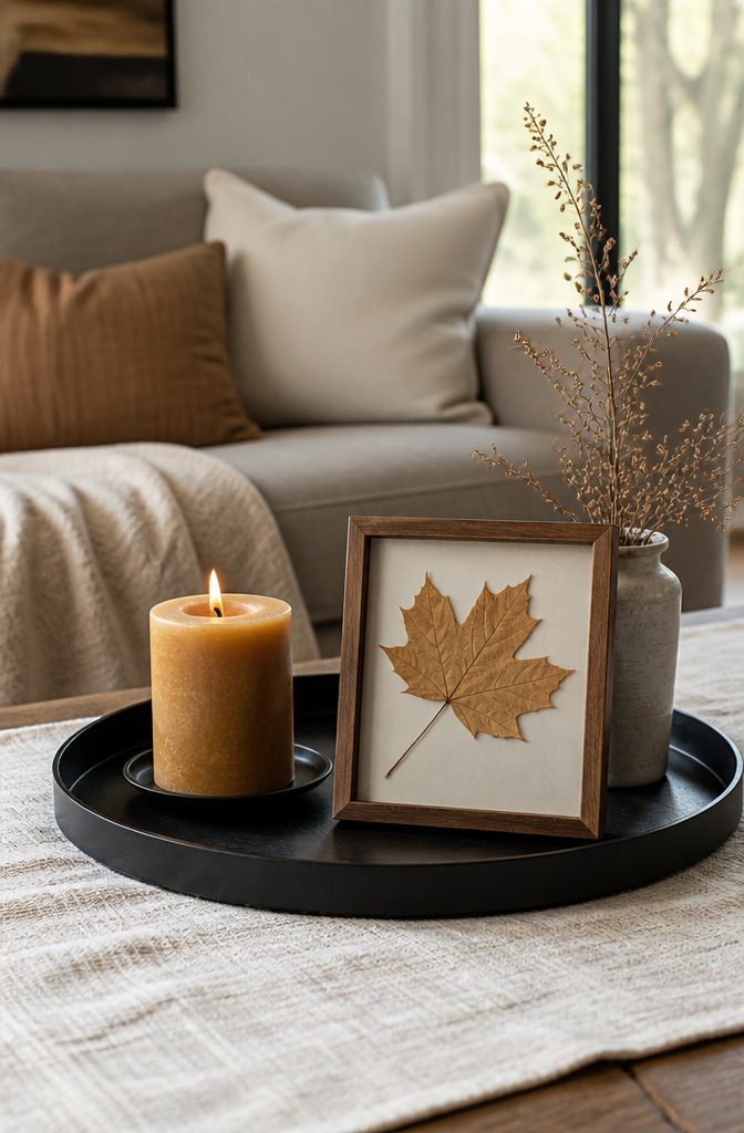 18 Fall Tray Decor Ideas for Coffee Tables, Tiered Trays & More 4 Small frame and candle arranged on a sleek dark tray.