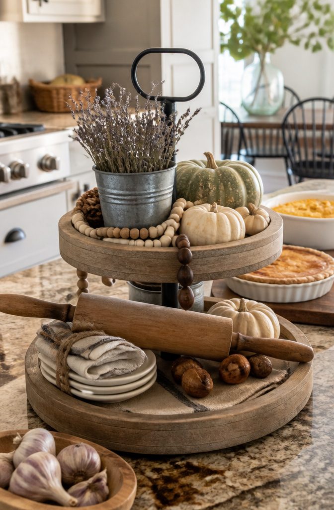 18 Fall Tray Decor Ideas for Coffee Tables, Tiered Trays & More 17 Tiered tray with wood beads and a galvanized metal bucket.