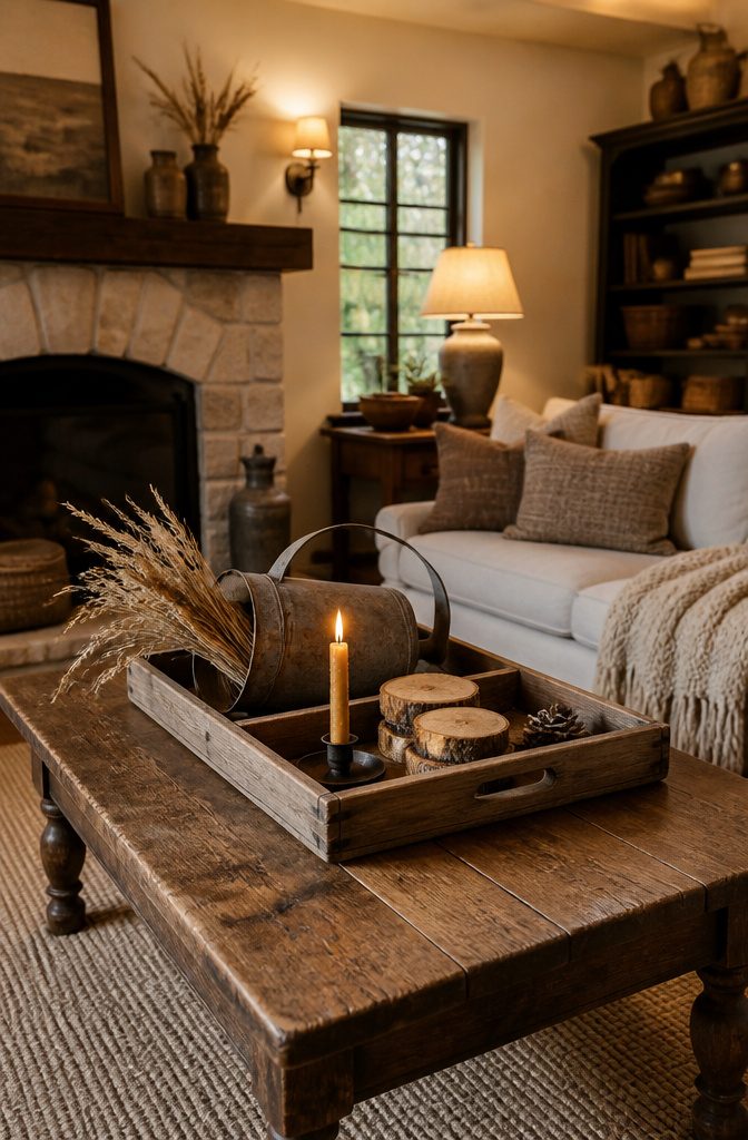 18 Fall Tray Decor Ideas for Coffee Tables, Tiered Trays & More 8 Rustic watering can with dried grass on a decorative tray.