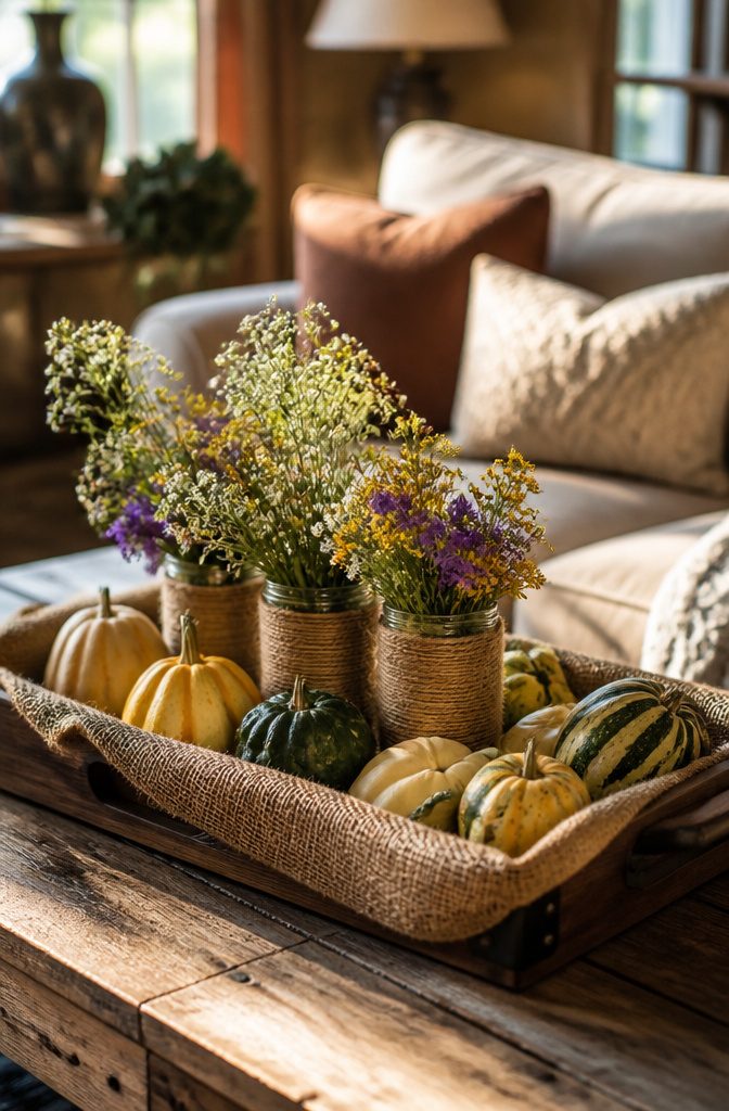 18 Fall Tray Decor Ideas for Coffee Tables, Tiered Trays & More 5 Burlap tray with mason jars and miniature gourds as decor.