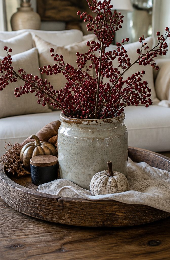 18 Fall Tray Decor Ideas for Coffee Tables, Tiered Trays & More 13 Chipped stoneware crock filled with berry branches on a tray.