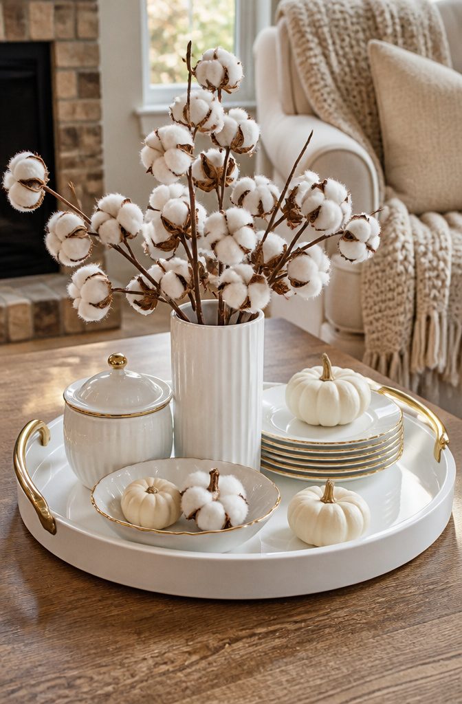 18 Fall Tray Decor Ideas for Coffee Tables, Tiered Trays & More 7 White tray with cotton stems and gold-rimmed dishes.