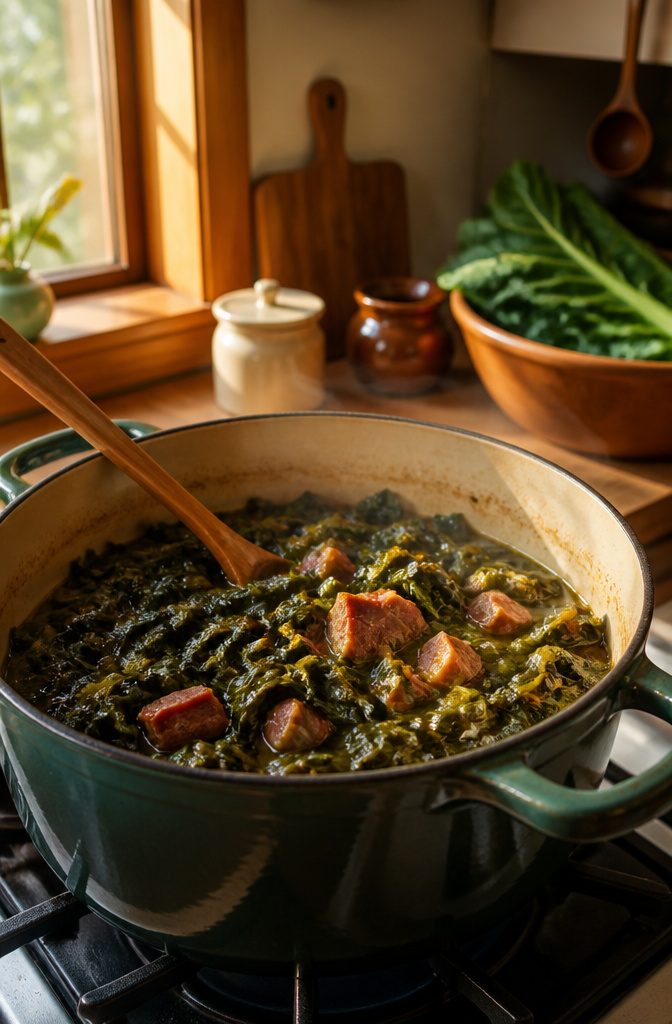 A pot of collard greens with pieces of smoked ham on the stovetop.