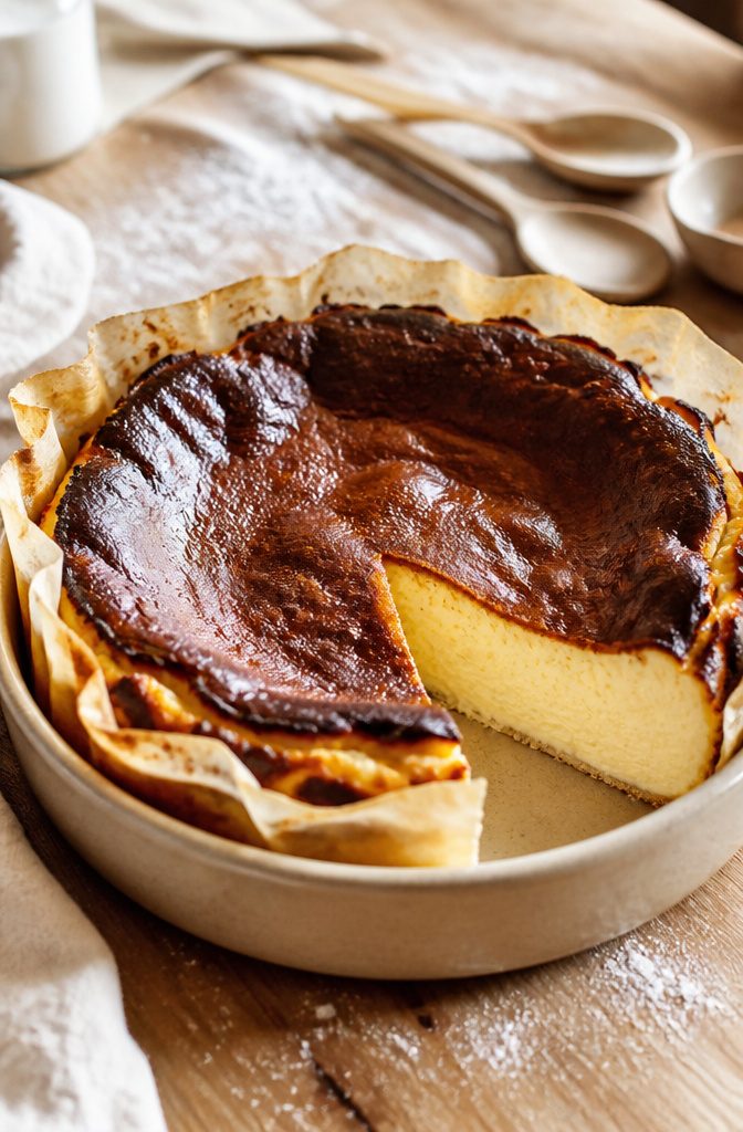 A slice of Basque cheesecake with a caramelized top and smooth interior.