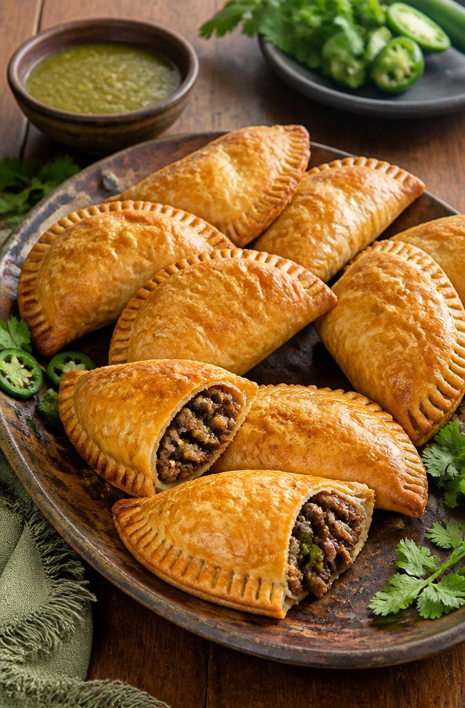 A platter of beef empanadas with some cut open to show the filling.