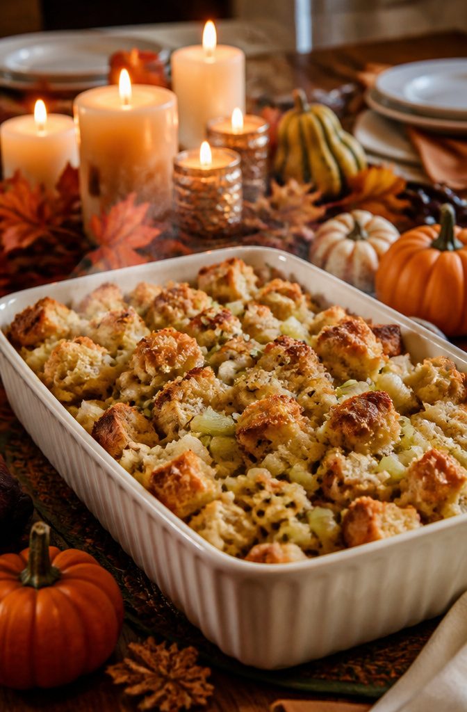 A casserole dish of buttered stuffing filled with bread, leeks, and celery.