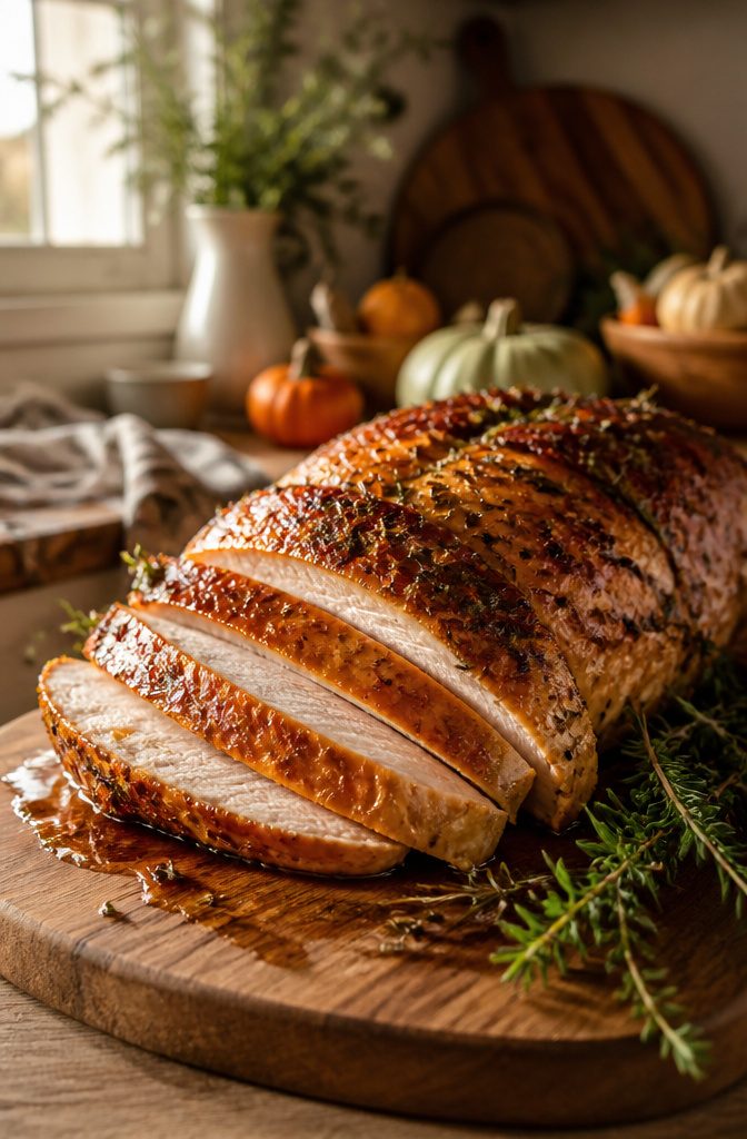A roasted buttermilk-brined turkey breast on a serving platter.