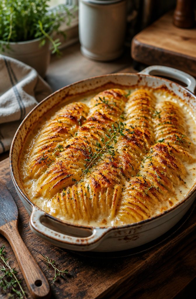 A baking dish filled with Hasselback potato gratin topped with melted cheese.