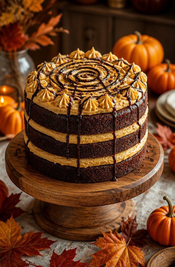 A slice of chocolate-pumpkin layer cake with cream cheese frosting.