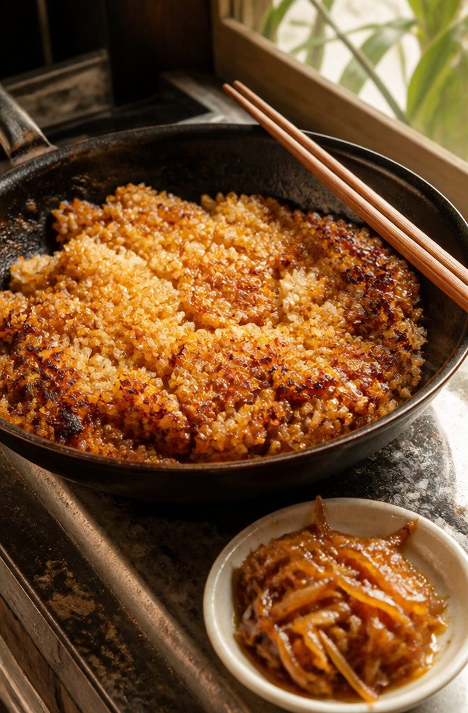A frying pan of crispy ginger sticky rice with a small dish of ginger.