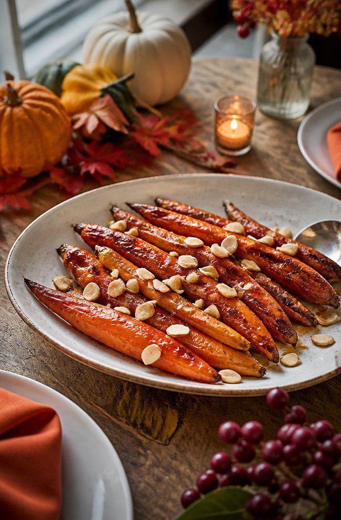 A plate of roasted carrots sprinkled with toasted almonds.