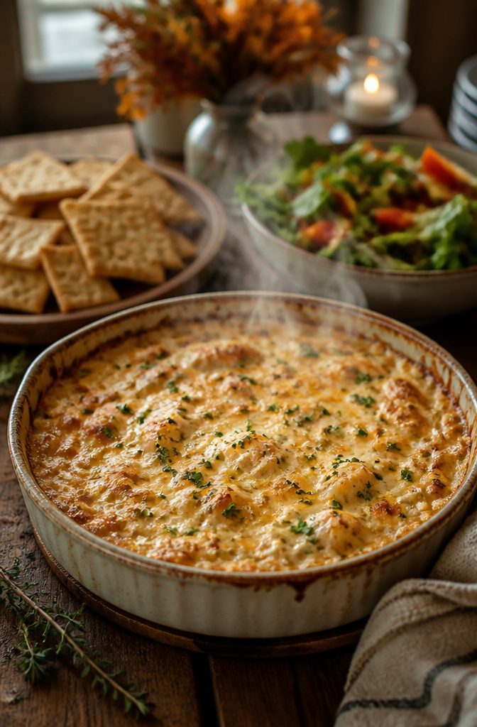 A ceramic dish of hot crab and oyster dip on a wooden table.