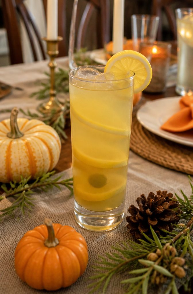 A glass of yellow lemon tonic with olive brine on a decorated table.