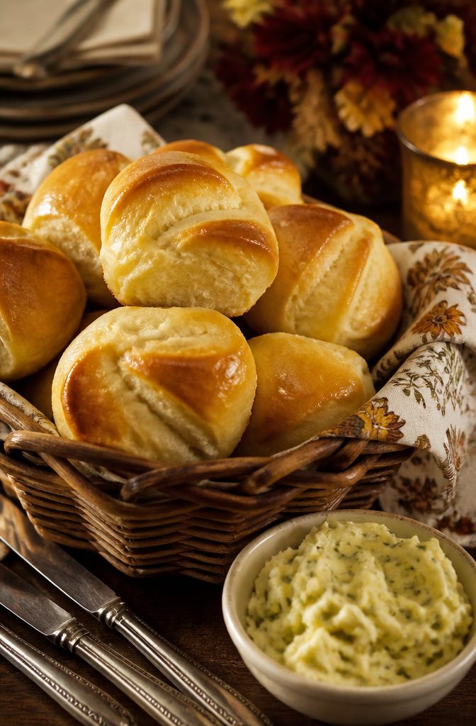 A basket of Parker House rolls arranged on a linen napkin.
