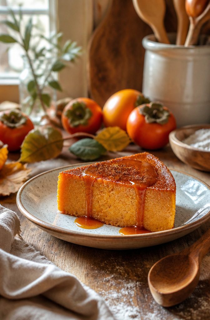A slice of persimmon pudding on a plate with seasonal decorations.