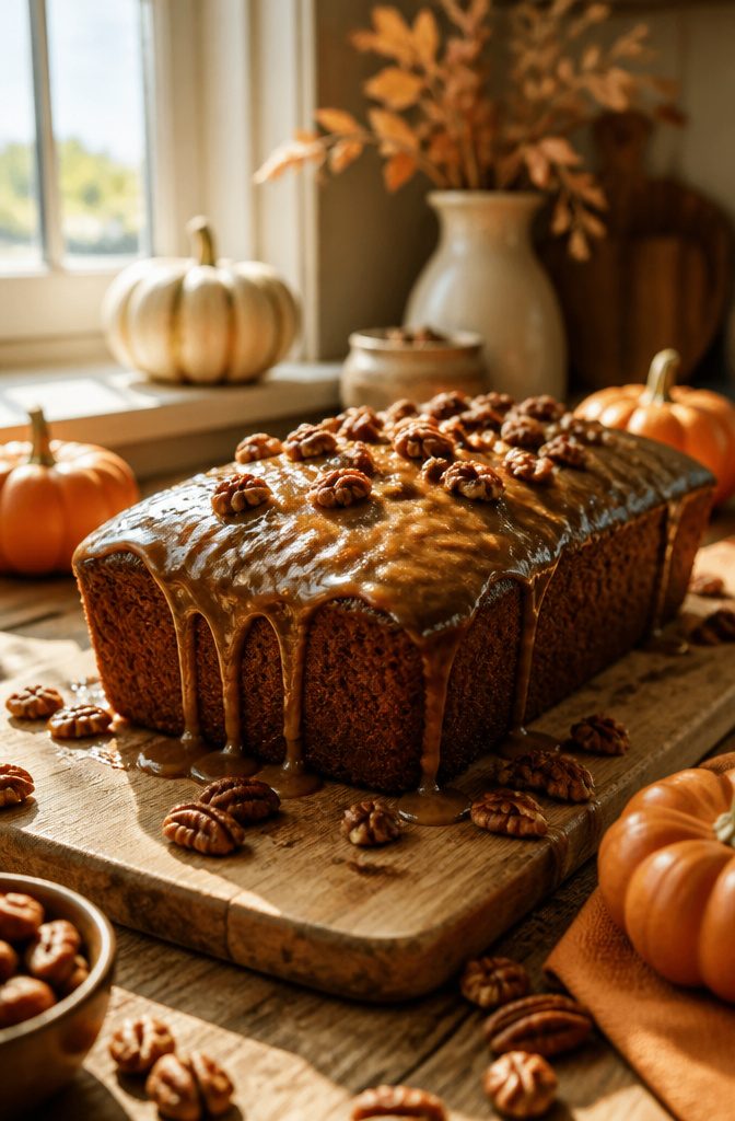 Freshly baked pumpkin bread glazed with brown butter on a wooden board.