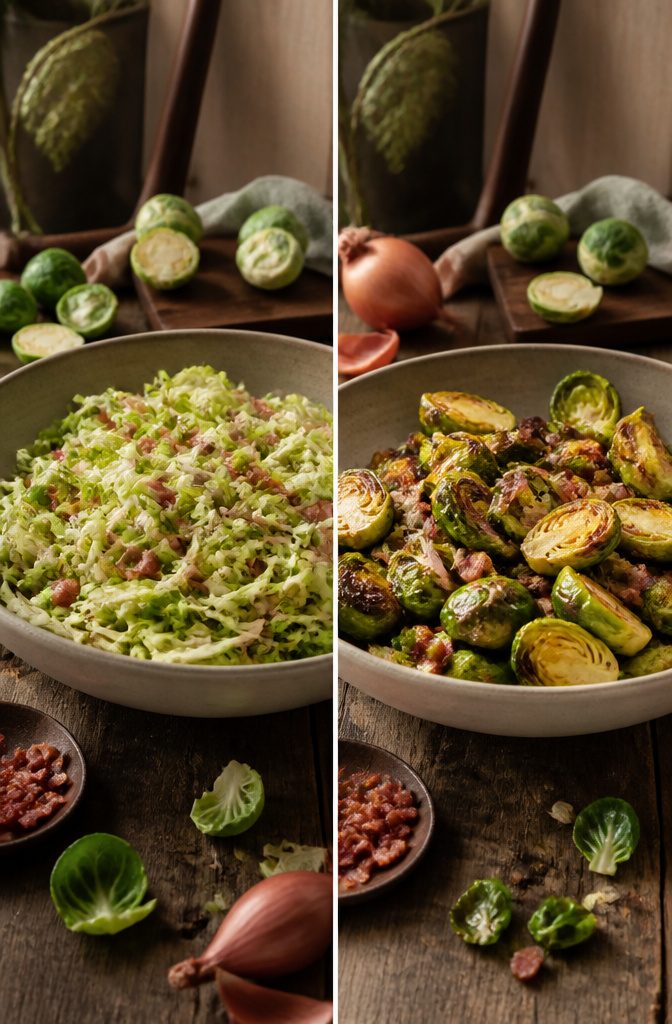 A salad featuring roasted and raw Brussels sprouts arranged on a plate.