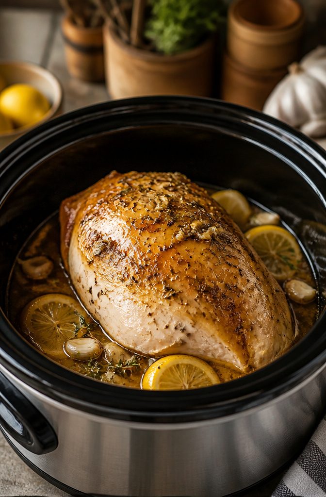 A cooked turkey breast with lemon-garlic gravy in a slow cooker.