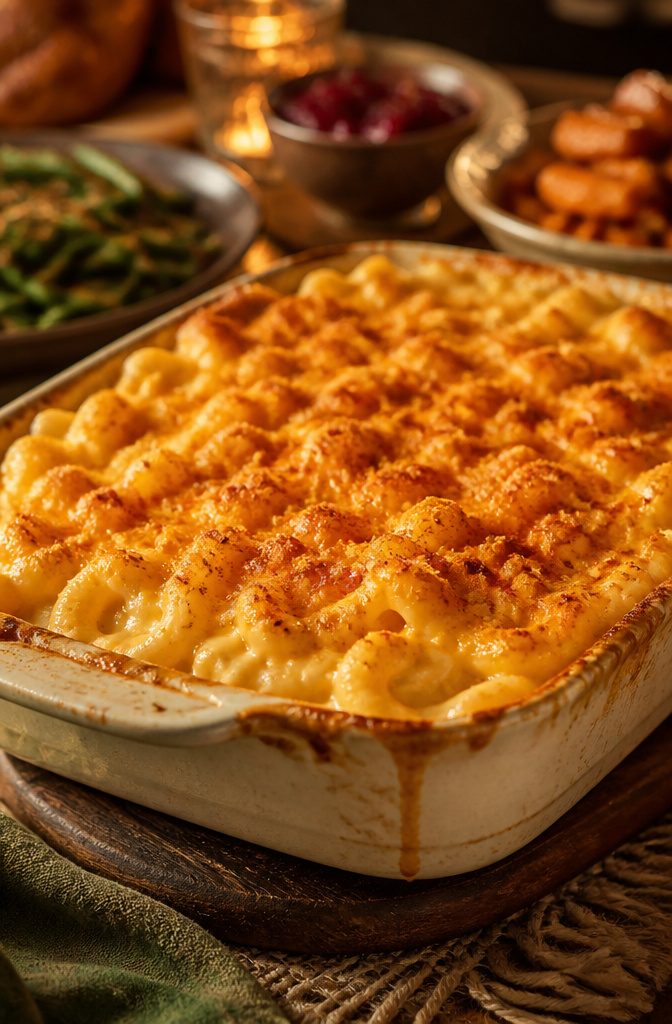 A dish of baked macaroni and cheese with a golden crust.