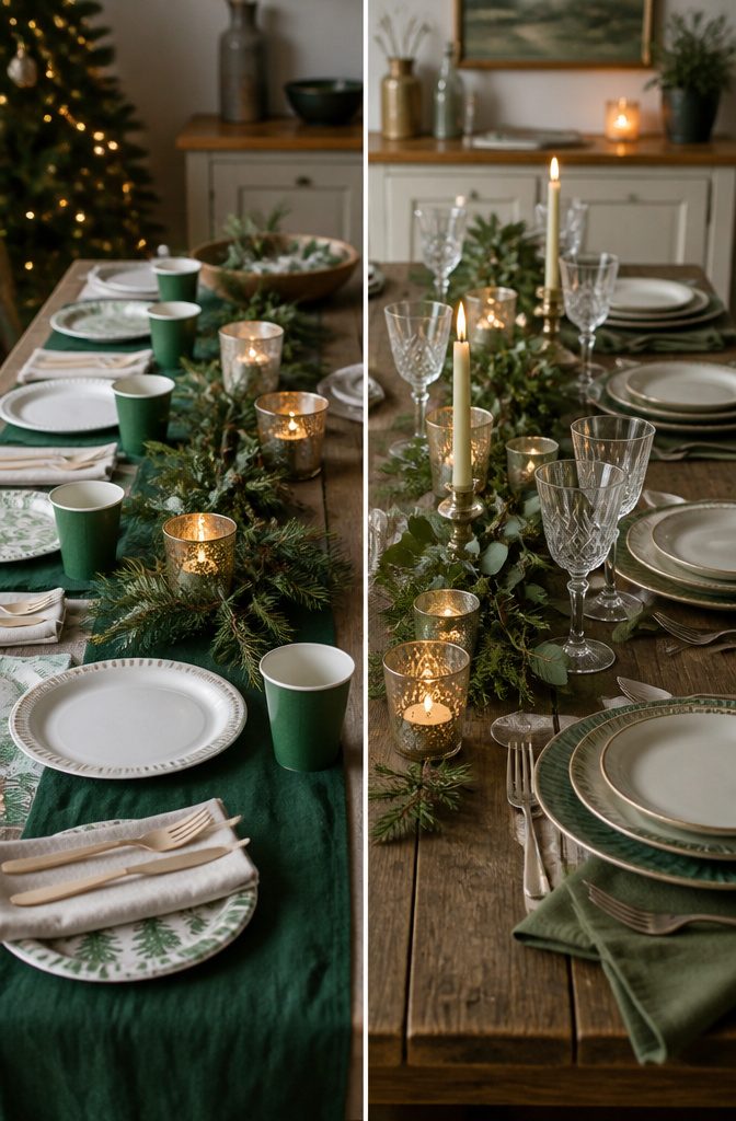 A green Christmas table setting with both casual and formal elements.
