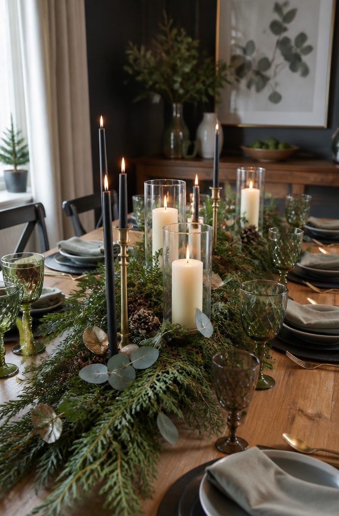 A Christmas table centerpiece made of braided garlands with pine cones.