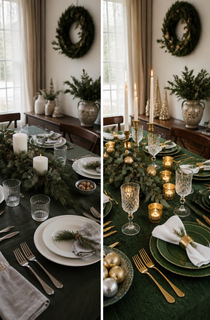 A green table setting featuring mint green plates and gold flatware.