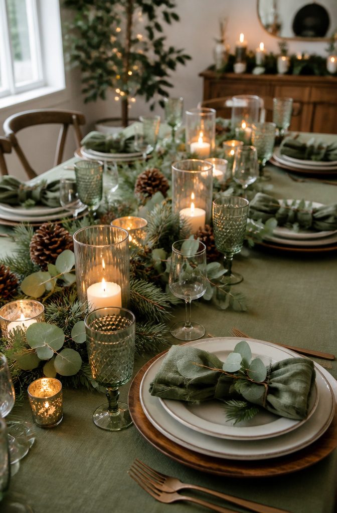 A table adorned with pine cones and eucalyptus integrated into greenery.