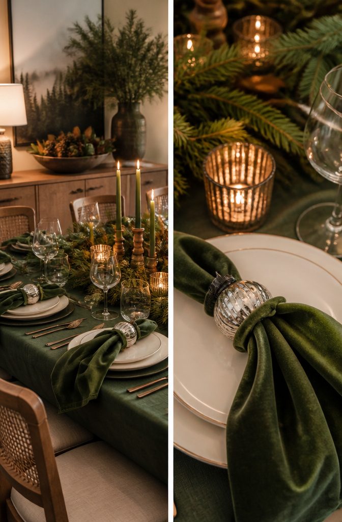 Napkin rings made of velvet ribbon and mercury glass ornaments.