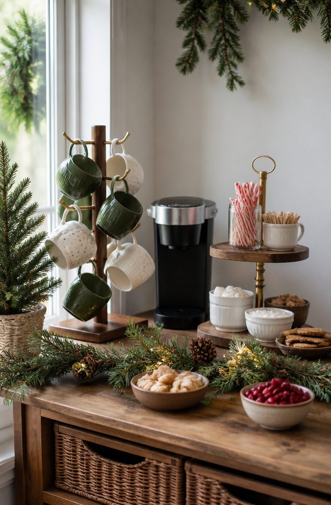 A drink station featuring a mug tree and coffee maker amid greenery.