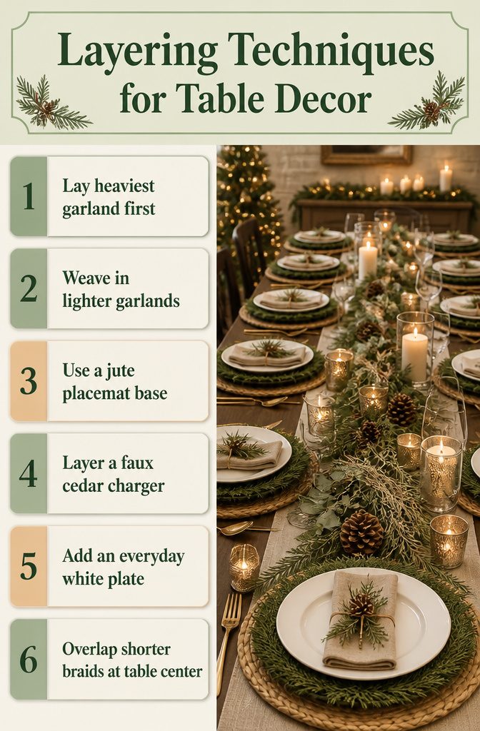 A table with three braided garlands creating visual depth.