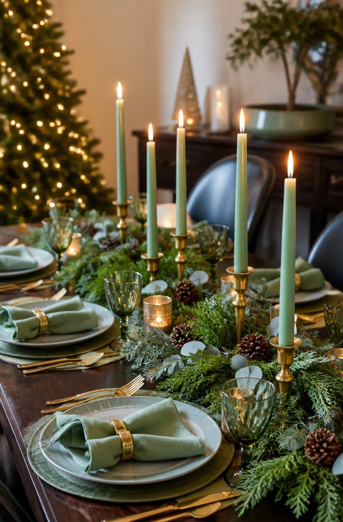 A table setting featuring mint green candles and deeper green elements.