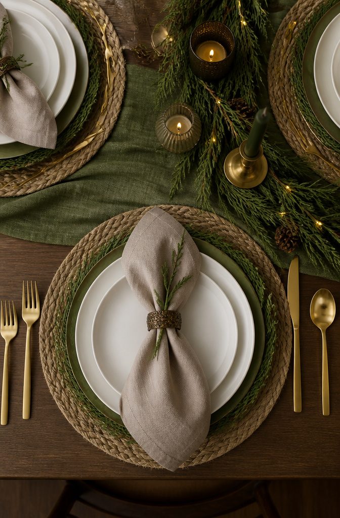 A table setting with jute placemats and white plates on faux cedar chargers.