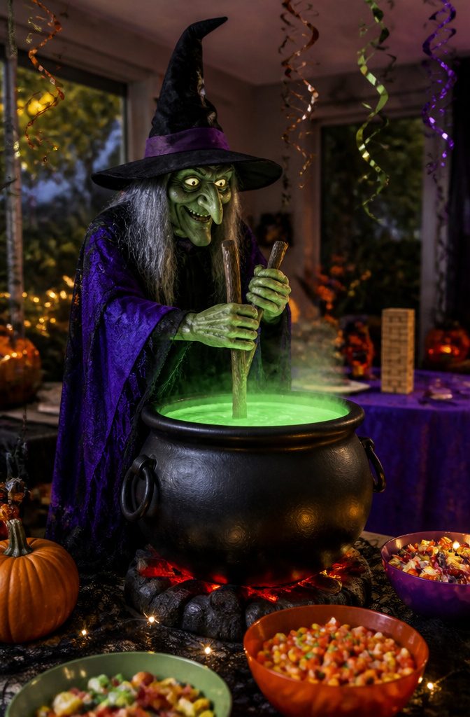 An animated witch stirring a cauldron as part of the decor.