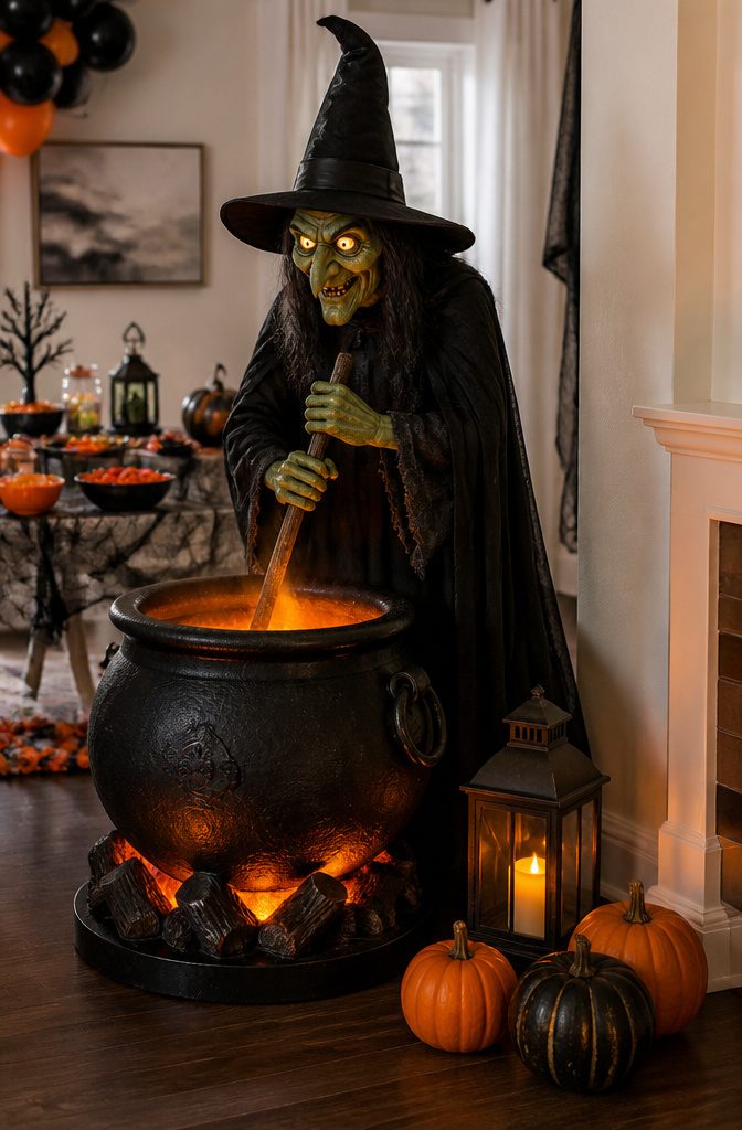An animated witch with a cauldron that stirs and makes sounds.