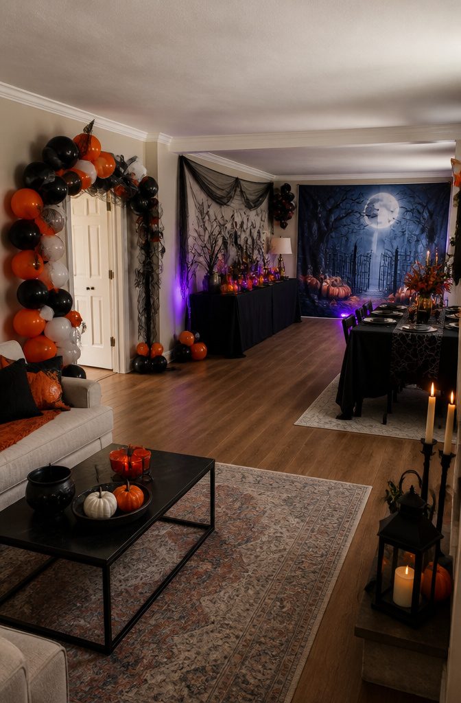 A layout showing defined zones for a Halloween birthday party.