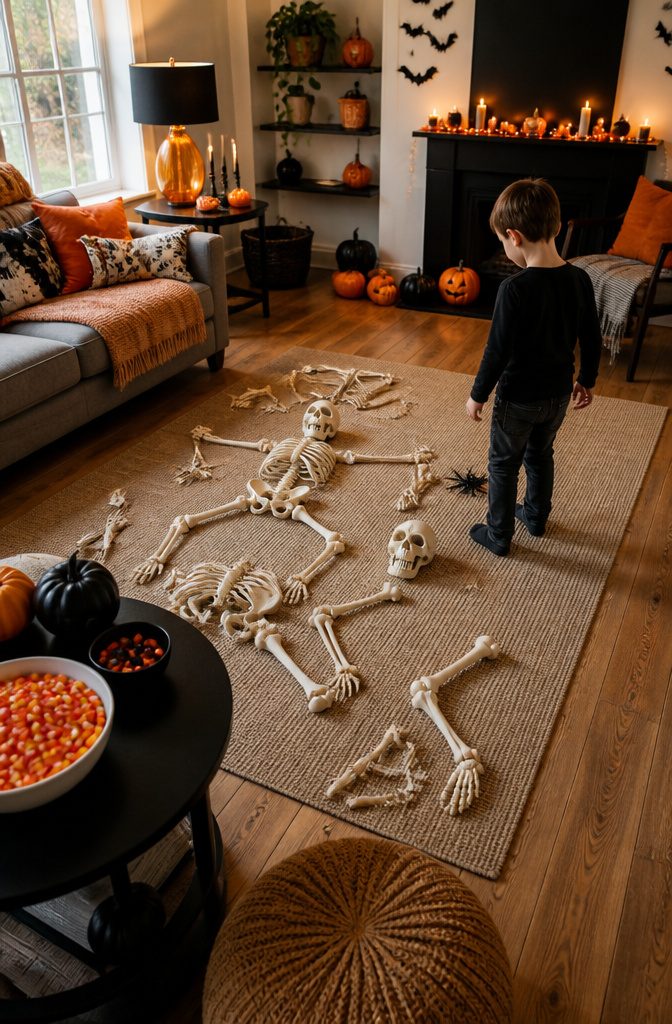 Scattered skeleton parts creating a spooky scene on the floor.