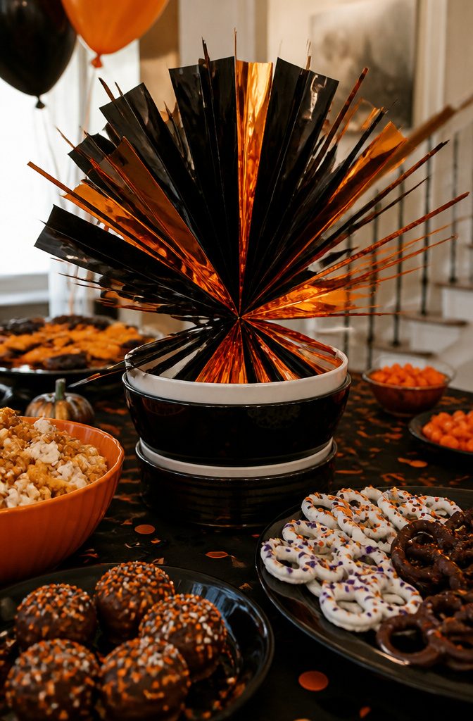 A shiny foil burst centerpiece placed on a table.
