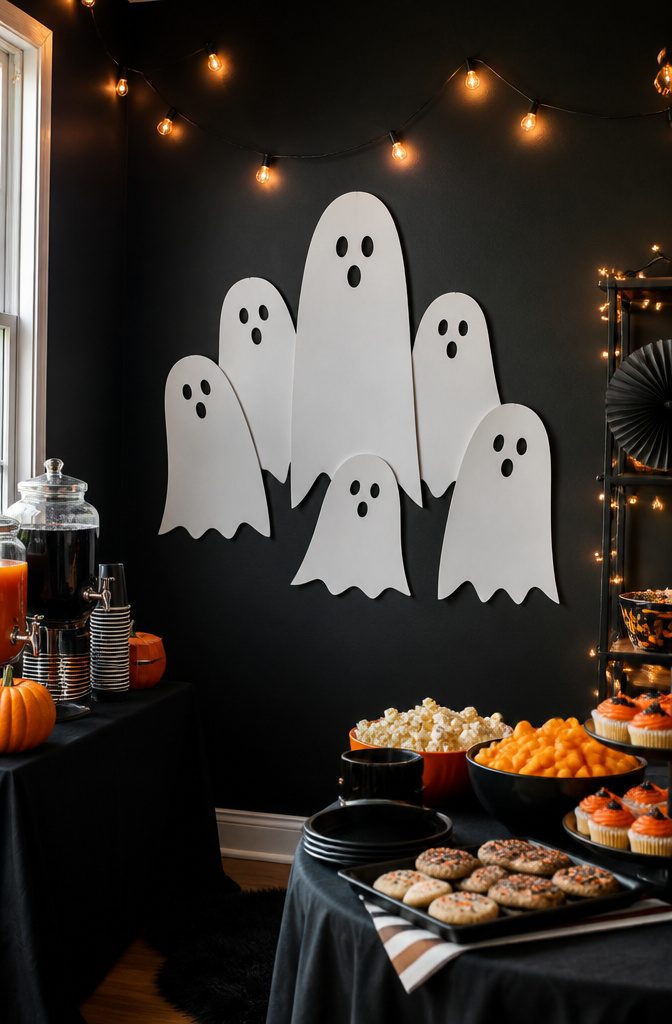 Six ghost cardstock cutouts displayed on a wall in a clustered formation.
