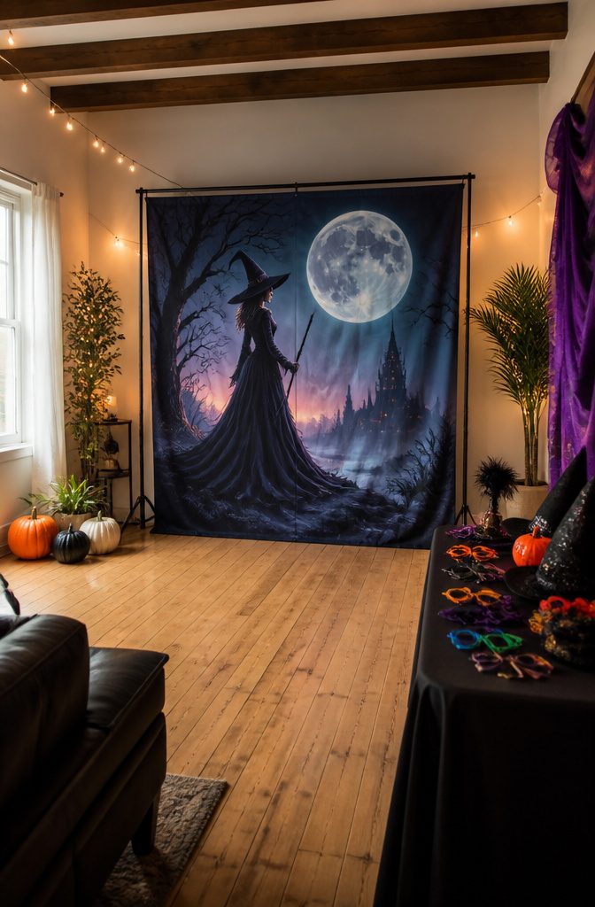 A 6 ft backdrop with witches and a moon design for a photo booth.