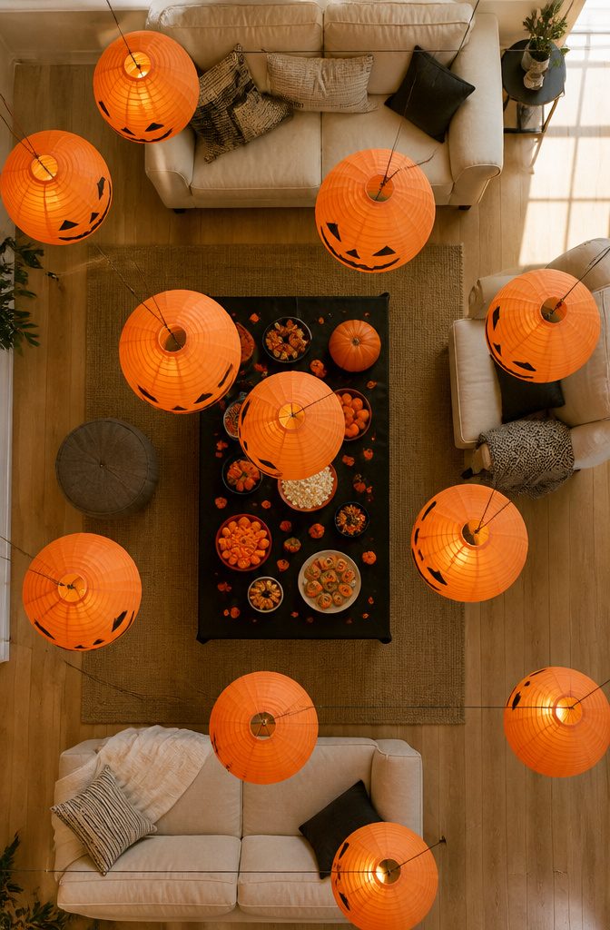 Orange paper lanterns shaped like jack-o'-lanterns hanging from a ceiling.