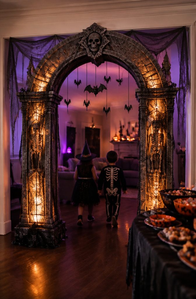A light-up cemetery archway with bats, set up at the entrance.