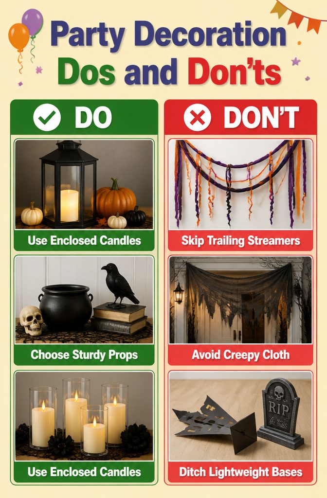 A list of party decoration dos and don'ts for children's events.