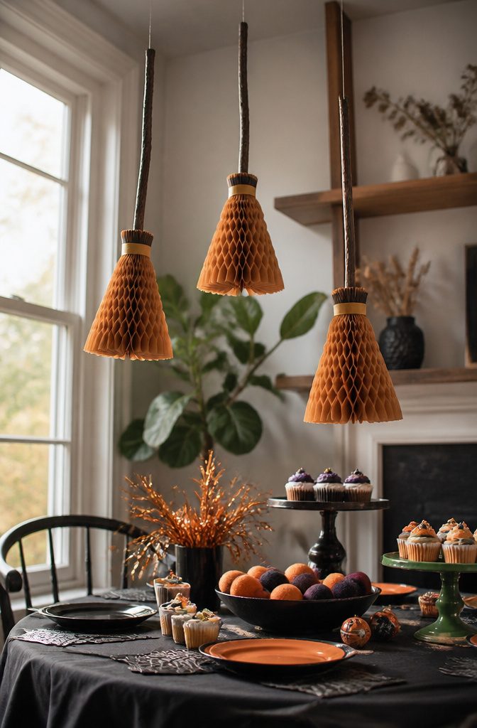 Three honeycomb broomsticks in varying heights hanging from the ceiling.