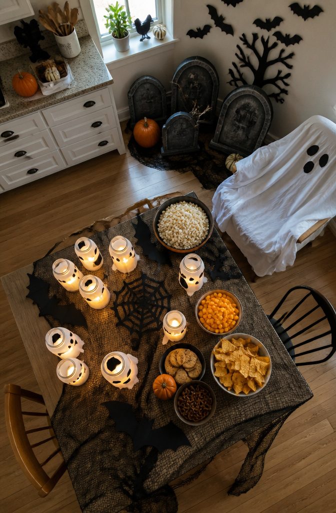 Homemade Halloween decorations using recycled materials like mason jars and cardboard.