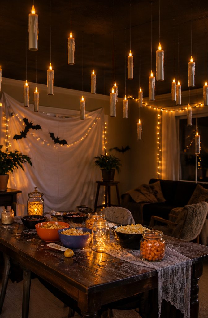 Cardboard candles suspended from the ceiling with fishing line.
