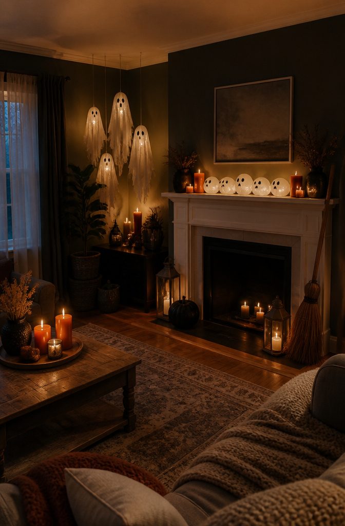 Ping-pong balls with faces and LED tea lights clustered on a table.